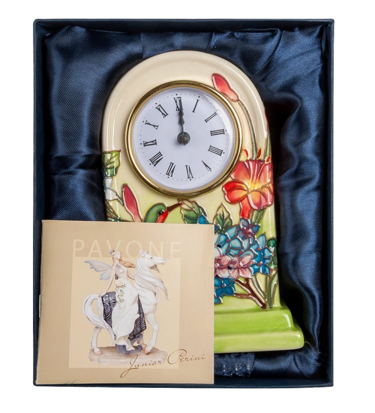 Часы из фарфора весенние цветами с птичкой Pavone JP-97/ 7, фотография в упаковке