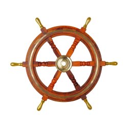 Деревянный штурвал корабля с металлическими ручками и декоративной вставкой