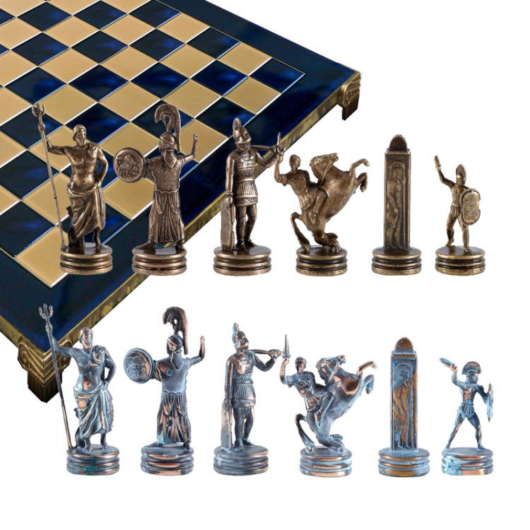 Шахматы на синей доске Троянская война Manopoulos MP-S-4-B-36-BLU, все фигуры