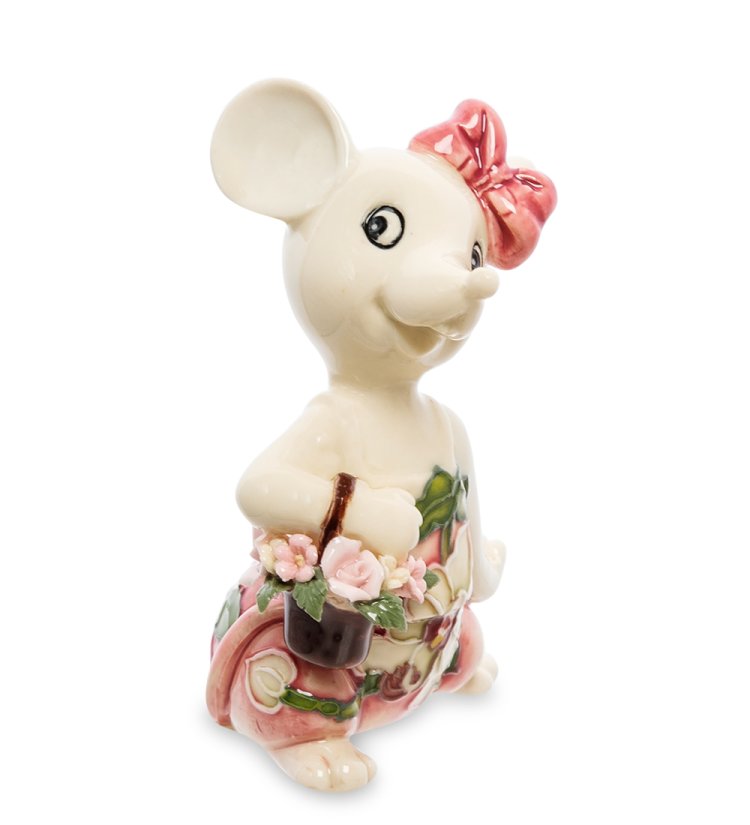 Статуэтка из фарфора Мышь с корзинкой цветов Pavone JP-121/14, фотография сбоку
