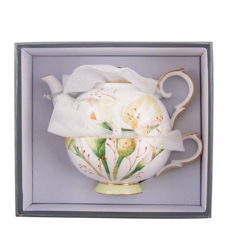 Чайная пара с чайником из фарфора Калла Pavone JK- 78, фотография в упаковке