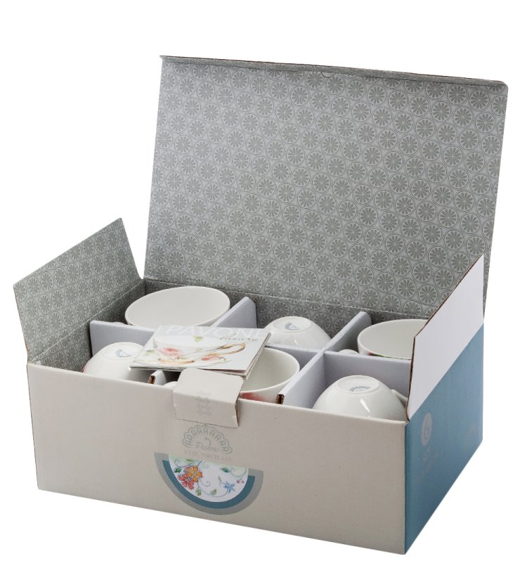 Чайный набор на 6 персон из фарфора Королевская орхидея, ручная роспись Pavone JS-38, фотография в коробке