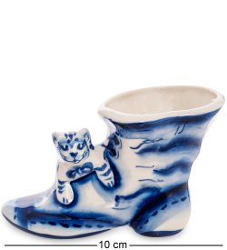 Статуэтка Сапожок с котиком Голубая гжель