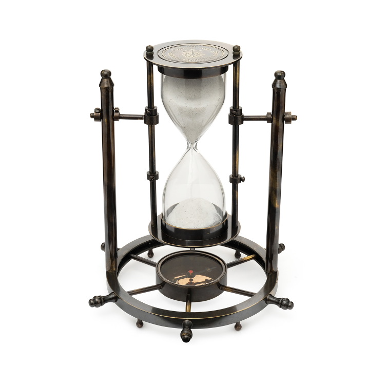 Вращающиеся Песочные часы с компасом на латунном штурвале МК-1749, вид сверху