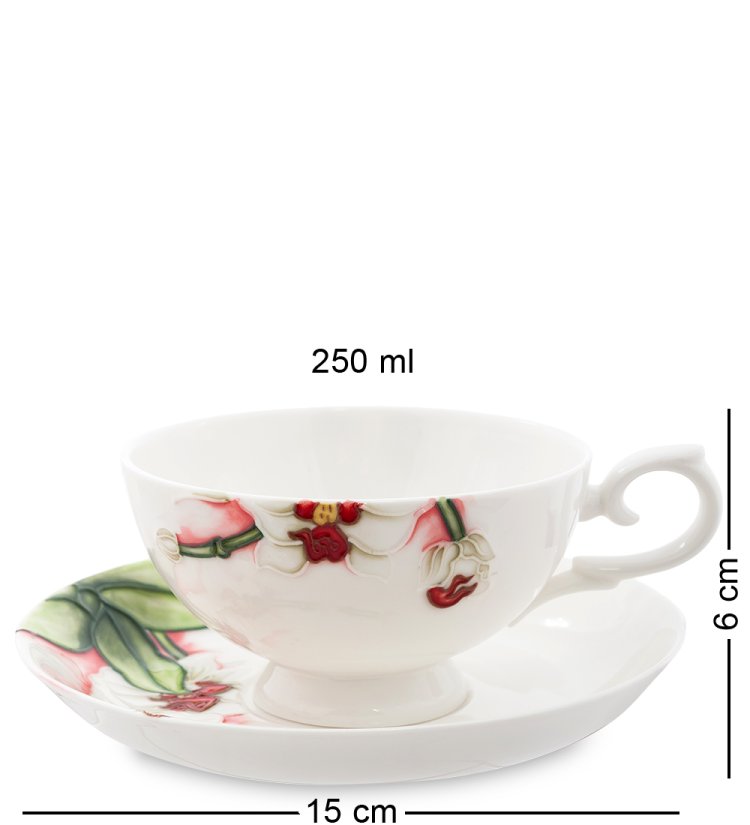 Чайная пара с чайником из фарфора Королевская орхидея, ручная роспись Pavone JS-39, фотография чашки и блюдца