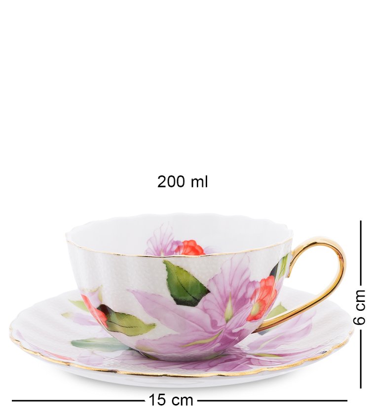 Чайный сервиз на 6 персон из фарфора Фиор Элеганта, фиолетовый Pavone AS-69, фотография чашки и блюдца