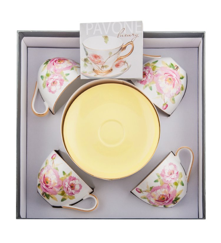 Чайный набор на 4 персоны из фарфора Пионы Pavone JK- 80, фотография в упаковке