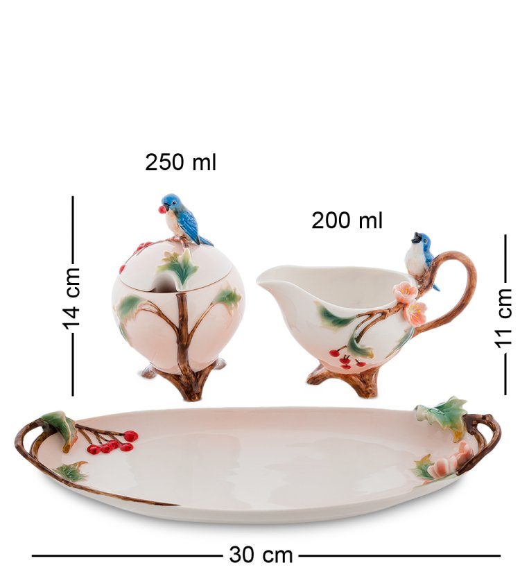 Набор сахарница и молочник из фарфора Голубые птицы Pavone FM-80/ 3, фотография сбоку