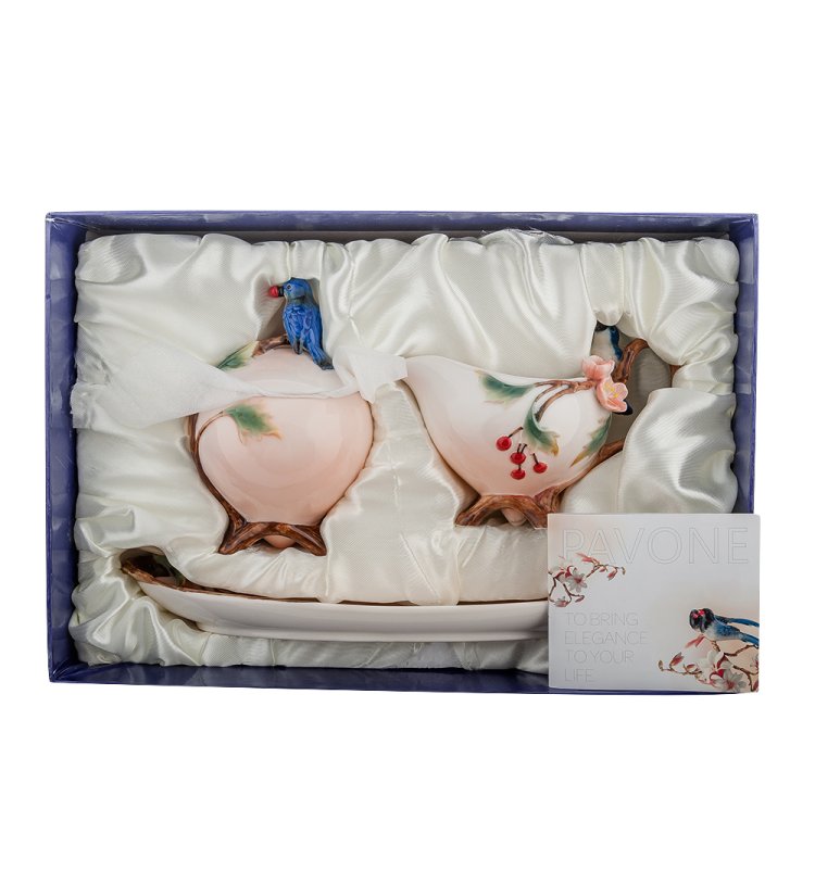 Набор сахарница и молочник из фарфора Голубые птицы Pavone FM-80/ 3, фотография в упаковке