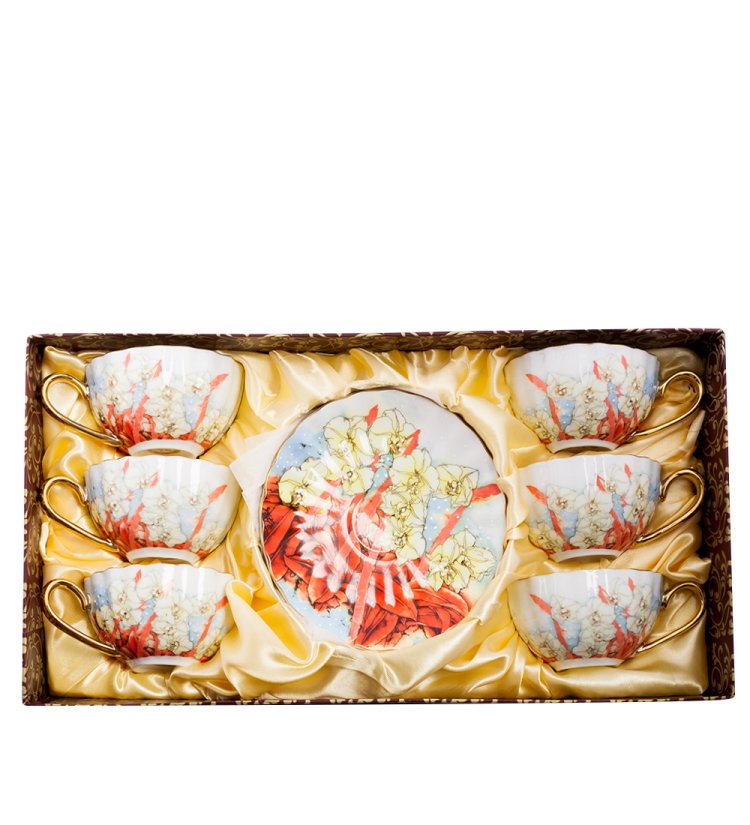 Чайный сервиз на 6 персон из фарфора Фиор Элеганта, красный Pavone AS-70, фотография в упаковке