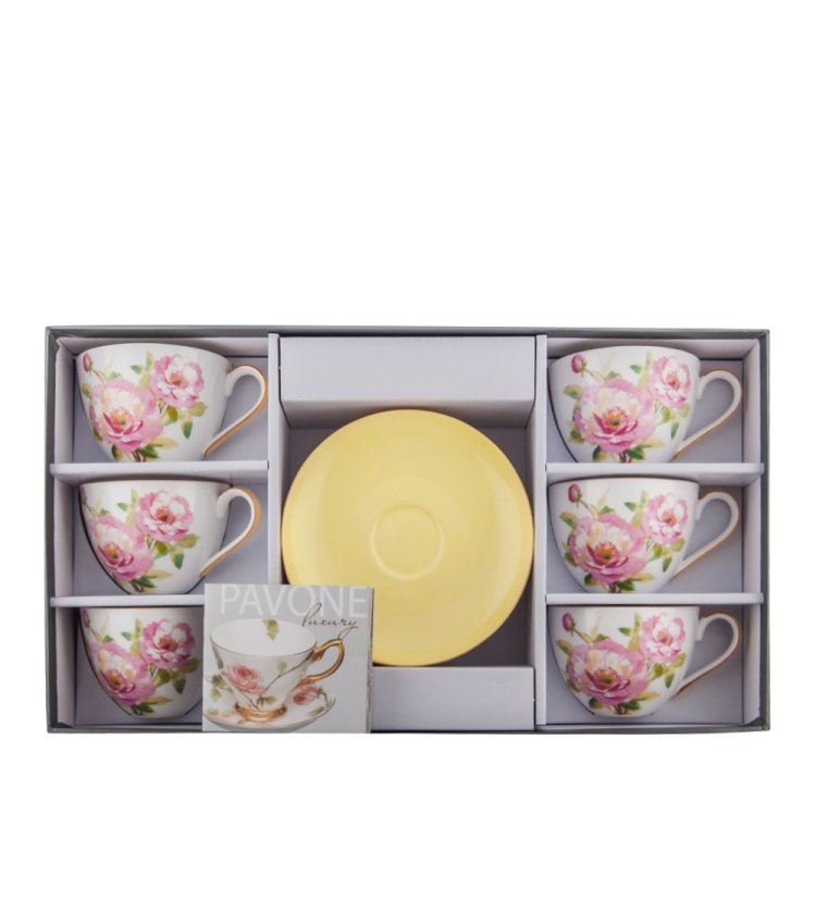 Чайный набор на 6 персон из фарфора Пионы Pavone JK- 81, фотография в упаковке
