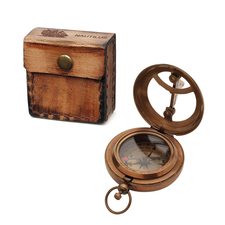 Компас с солнечными часами в квадратном футляре Push Button, разборный вид компаса с футляром