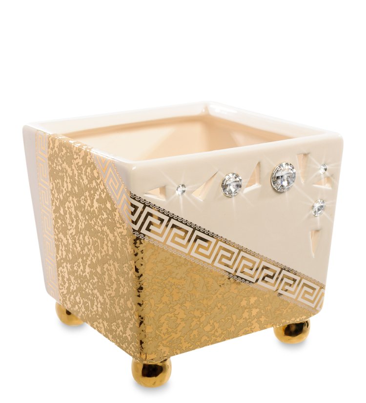 Квадратная низкая Ваза из керамики с кристаллами Сваровски Ahura, фотография сбоку