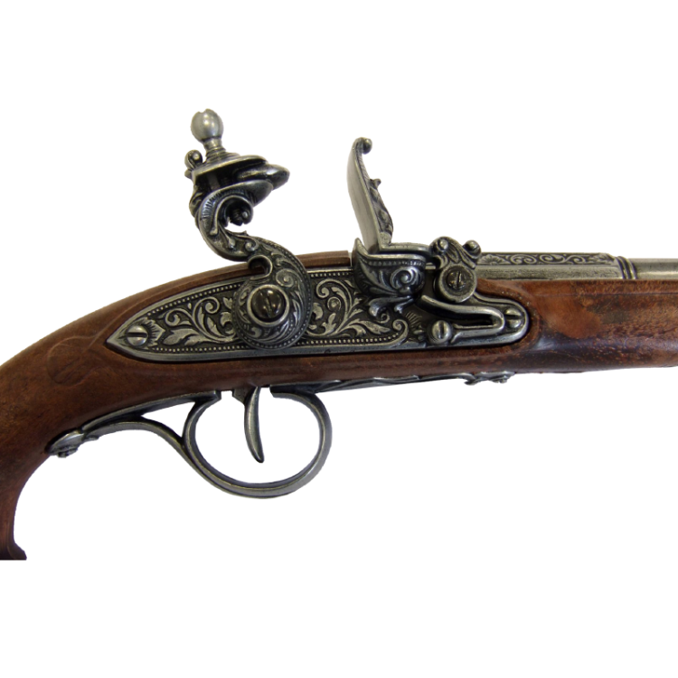 Макет Пистолета системы флинтлок Италия 18 век, золотой Denix 5300, фотография крупным планом