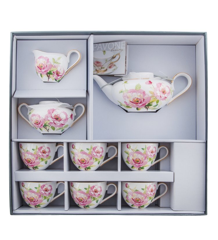 Чайный сервиз на 6 персон из фарфора Пионы Pavone JK- 82, фотография в упаковке