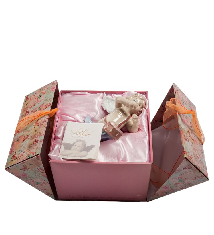 Статуэтка из фарфора Ангелочек музыкант с барабаном Pavone JP-16/ 9, фотография у коробке