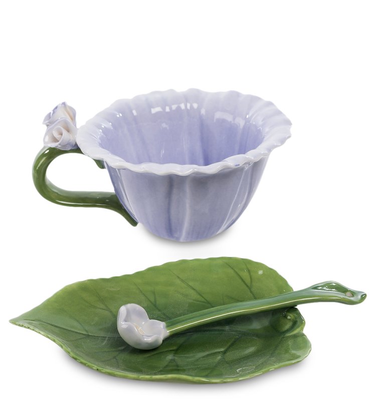 Чайная пара из фарфора с ложечкой Георгин Pavone CMS-07/ 3, фотография сбоку