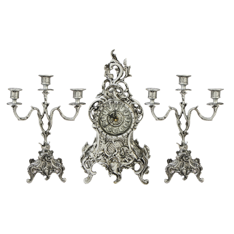 Часы с канделябрами каминные из бронзы Ласу, серебряные Bello De Bronze BP-2802550-S