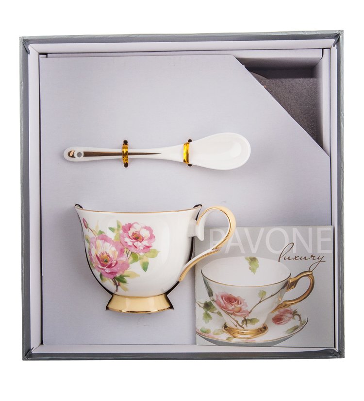 Чайная пара из фарфора Пионы Pavone JK- 84, фотография в упаковке