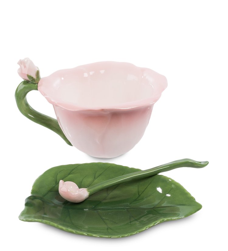 Чайная пара из фарфора с ложечкой Гибискус Pavone CMS-26/ 3, фотография сбоку