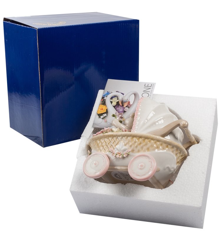 Музыкальная фигурка из керамики розовая Коляска Pavone CMS-15/30, фотография в упаковке