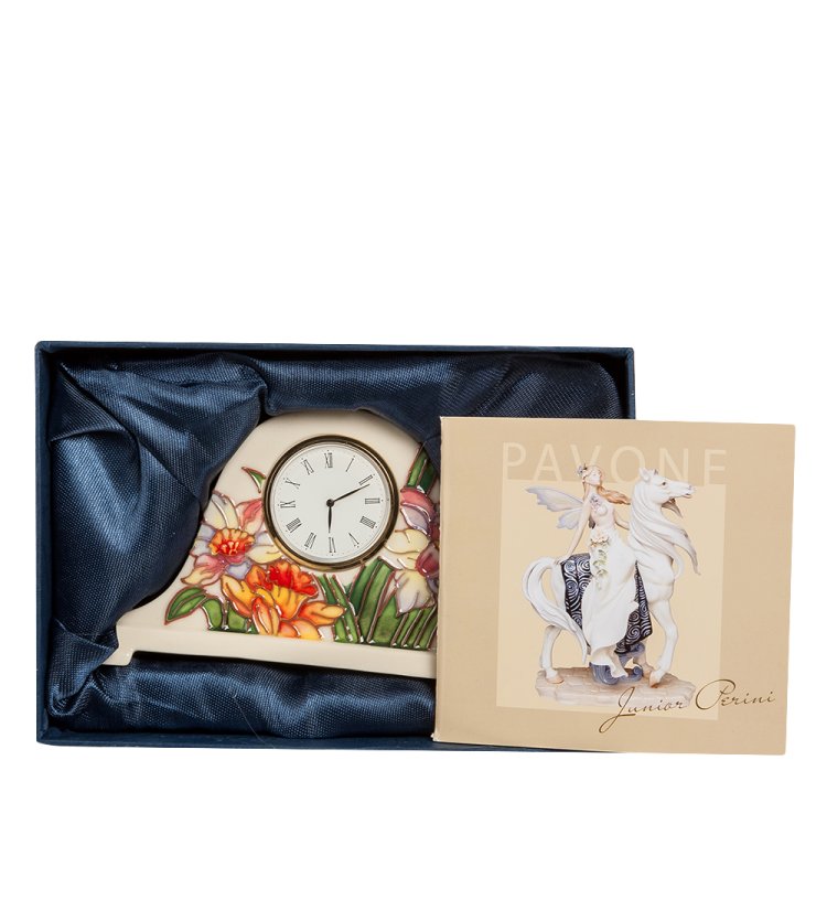 Настольные Часы из фарфора Ирисы Pavone JP-97/14, фотография в упаковке