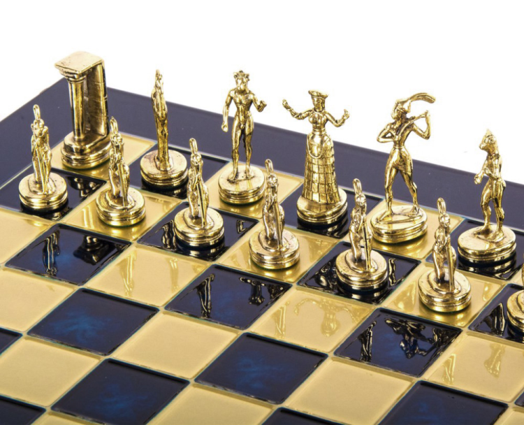 Шахматы на синей доске Минойский период Manopoulos MP-S-8-36-BLU, золотые фигуры на доске