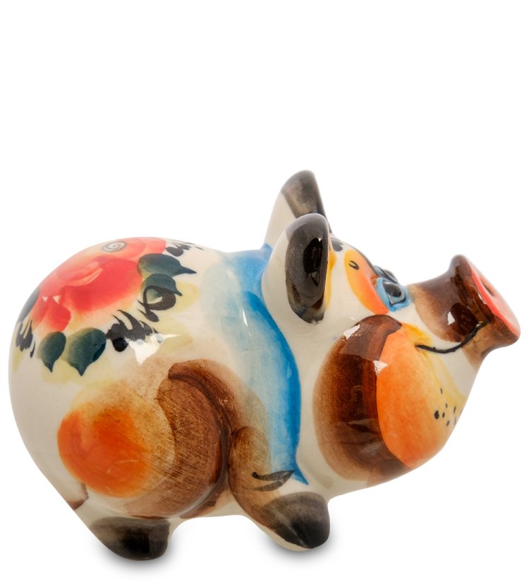Фигурка Радостный свин Цветная гжель ГЛ-504, фотография сбоку