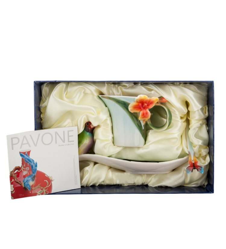 Кофейная пара из фарфора с ложечкой Попугай Pavone FM-33/ 2, фотография в упаковке