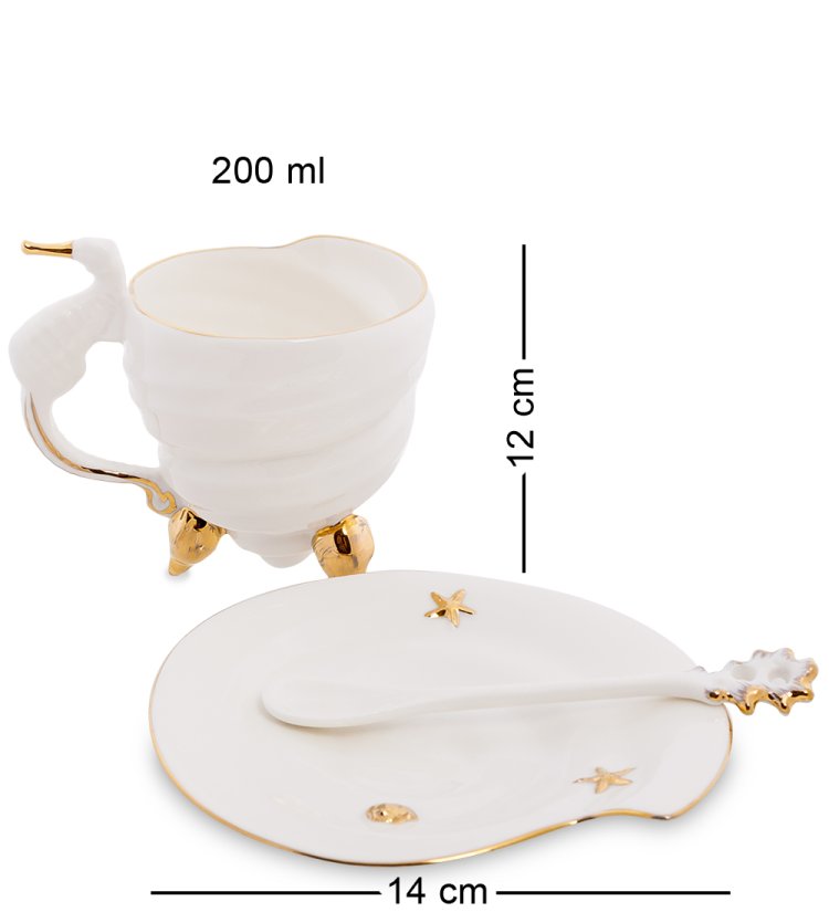 Чайная пара из фарфора с ложечкой Морская ракушка Pavone FM-34/ 4, фотография сбоку