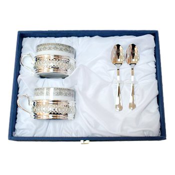 Чайный набор на 2 персоны (2 чашки, 2 подстаканника, 2 ложечки)