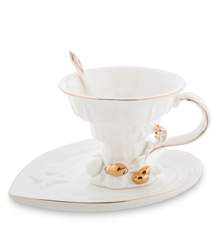 Чайная пара из фарфора с ложечкой Морские ракушки Pavone FM-34/ 5