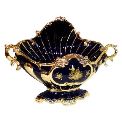 Ваза для фруктов синяя с золотым узором на ножке