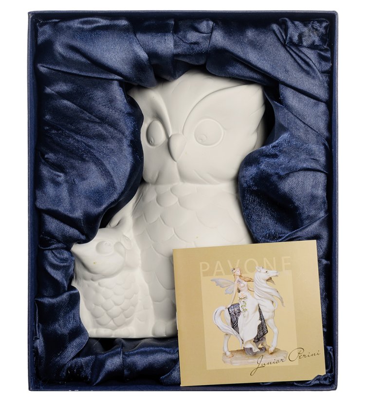 Статуэтка из бисквитного фарфора с подсветкой Филин с совенком Pavone JP-186/ 23, фотография в упаковке