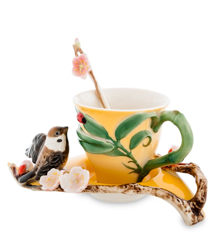 Чайная пара из фарфора с ложечкой Воробушек Pavone FM-01/ 5