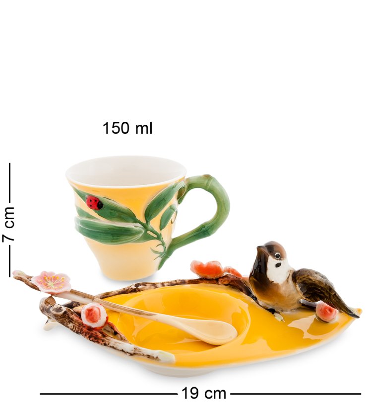 Чайная пара из фарфора с ложечкой Воробушек Pavone FM-01/ 5, фотография сбоку