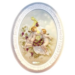 Барельеф из фарфора в белой рамке Ангелочки с виноградом