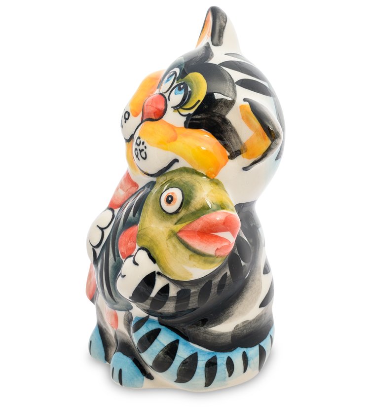 Фигурка Кот Рыболов Цветная гжель ГЛ-193, фотография сбоку