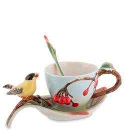 Чайная пара из фарфора с ложечкой Вишенки