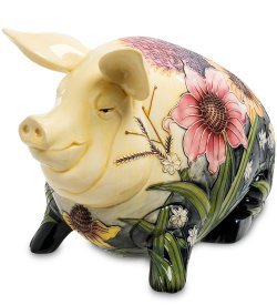 Копилка из фарфора Хрюша в траве с цветами