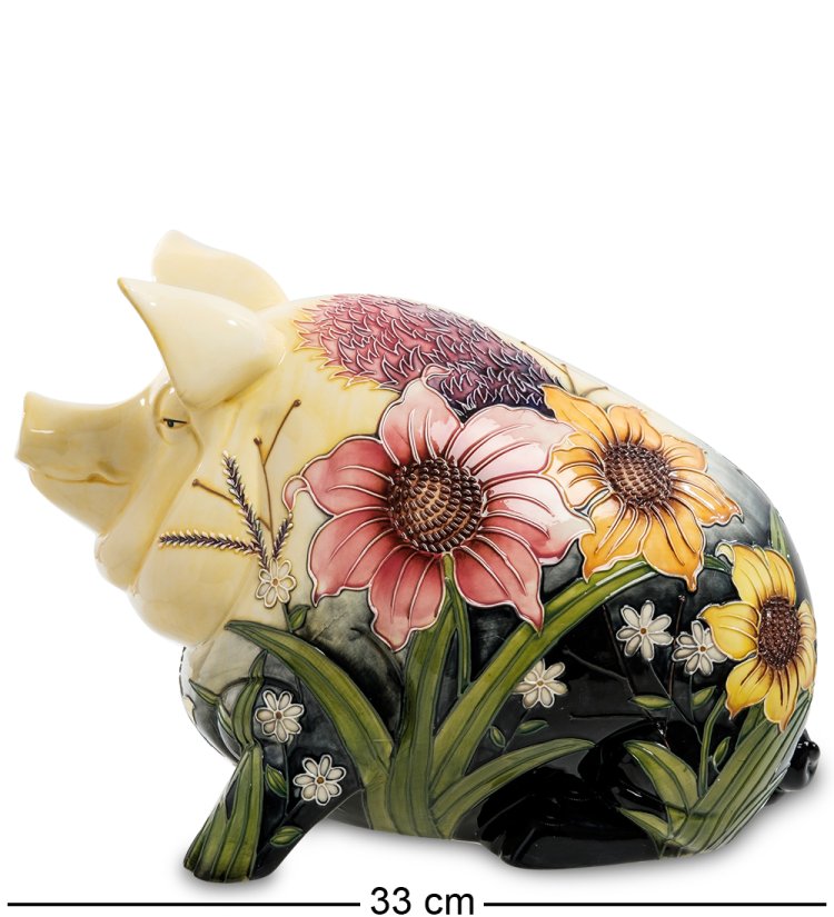 Копилка из фарфора Хрюша в траве с цветами Pavone JP-158/18, вид профиль