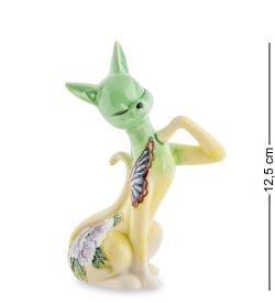 Статуэтка из фарфора Зеленая Кошечка с поднятой лапкой