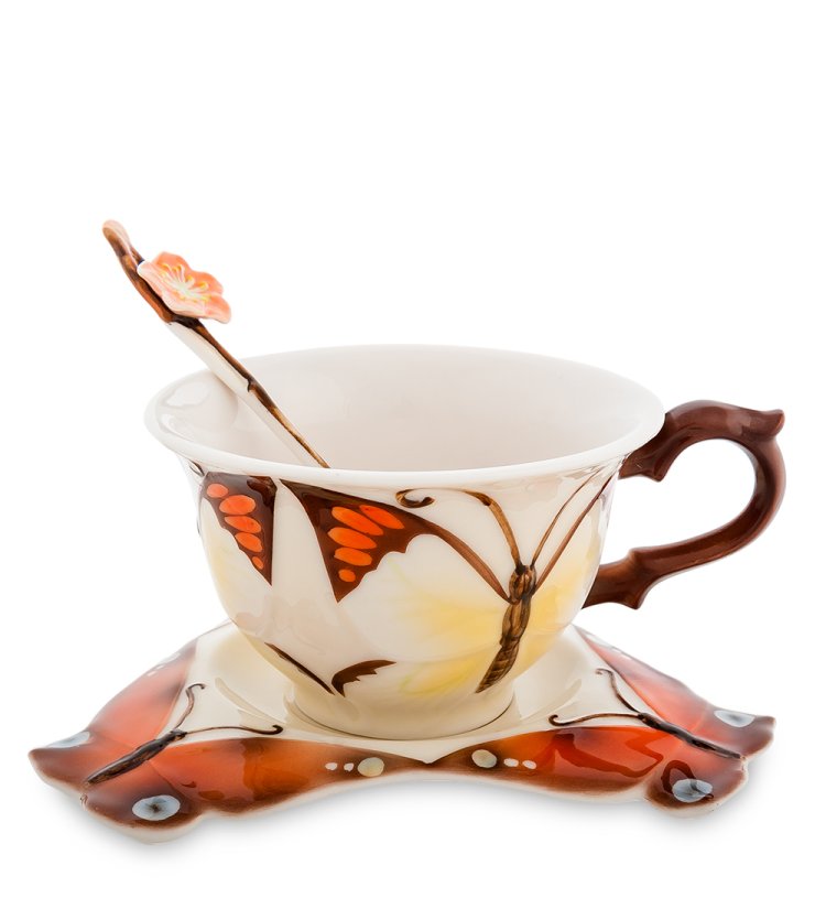 Чайная пара из фарфора с ложечкой Бабочка Pavone FM-01/ 7