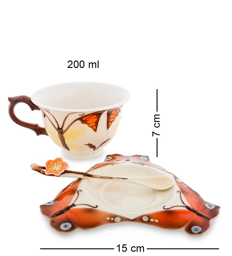 Чайная пара из фарфора с ложечкой Бабочка Pavone FM-01/ 7, фотография сбоку