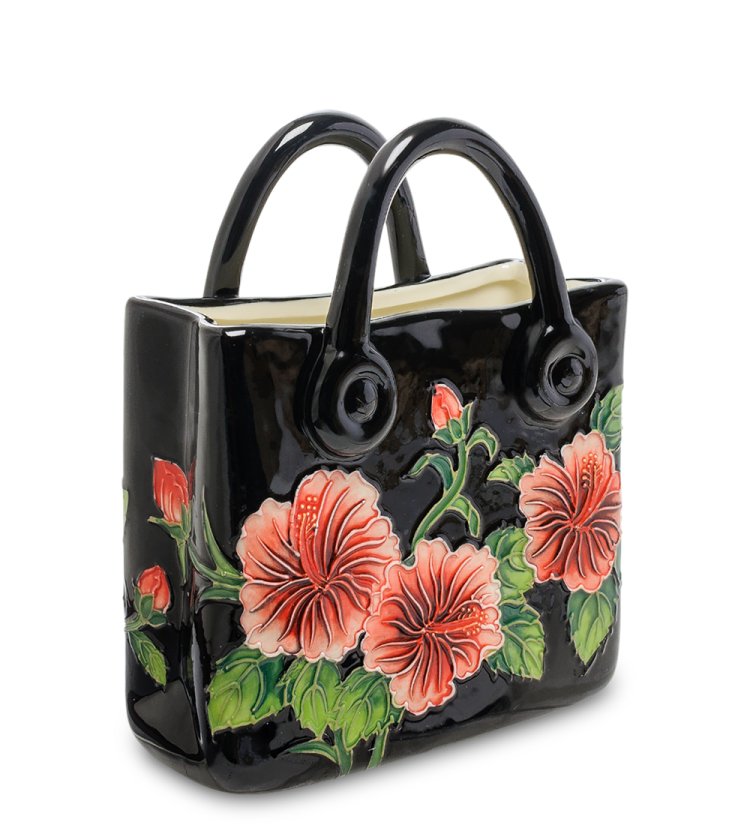 Черная ваза-кашпо в форме сумки из фарфора Pavone JP-800/14, фотография сбоку