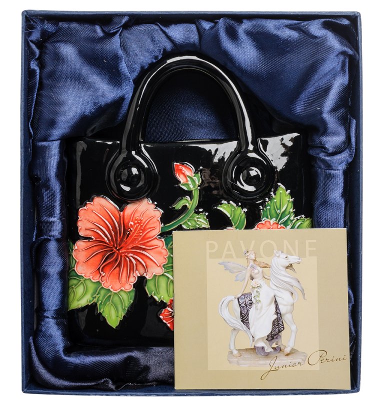 Черная ваза-кашпо в форме сумки из фарфора Pavone JP-800/14, фотография в упаковке