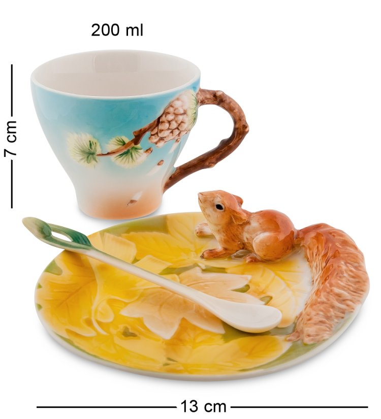 Чайная пара из фарфора с ложечкой Белочка Pavone FM-01/ 9, фотография сбоку