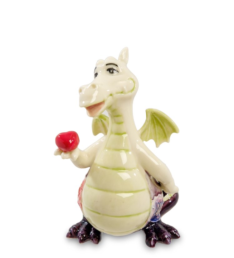 Статуэтка из фарфора Дракон с красным яблоком и цветком на лапке Pavone JP-41/ 9, портретный вид