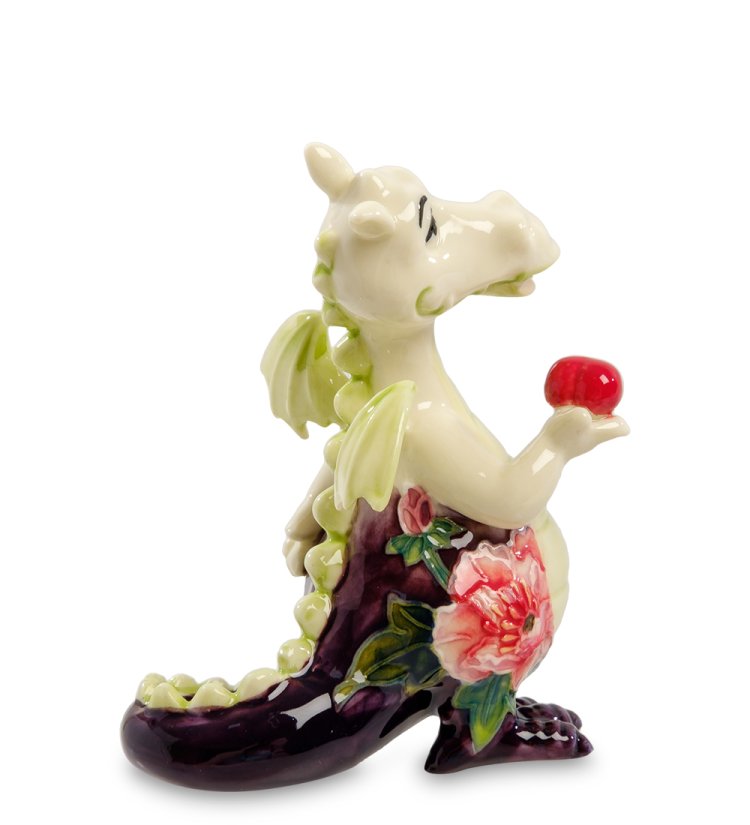 Статуэтка из фарфора Дракон с красным яблоком и цветком на лапке Pavone JP-41/ 9, вид профиль
