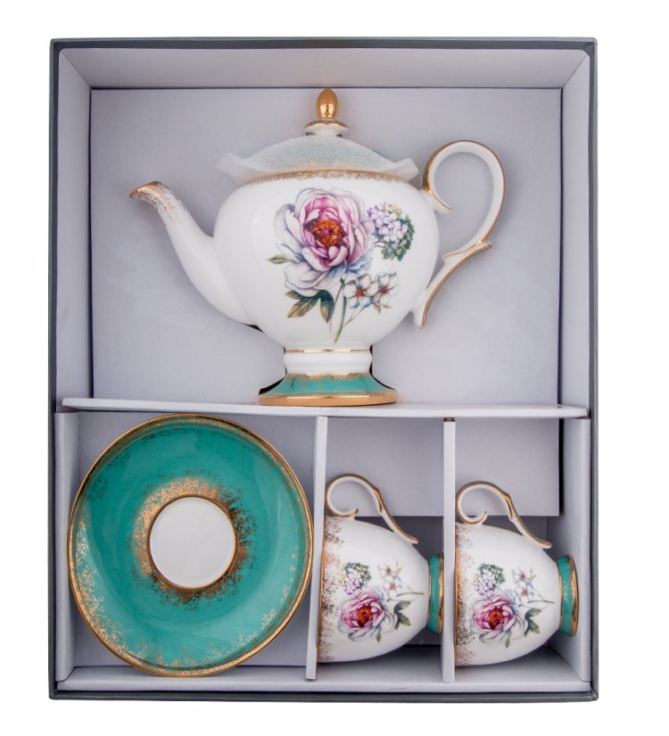 Чайный набор на 2 персоны с чайником Цветок Неаполя Pavone JK- 24, фотография в упаковке